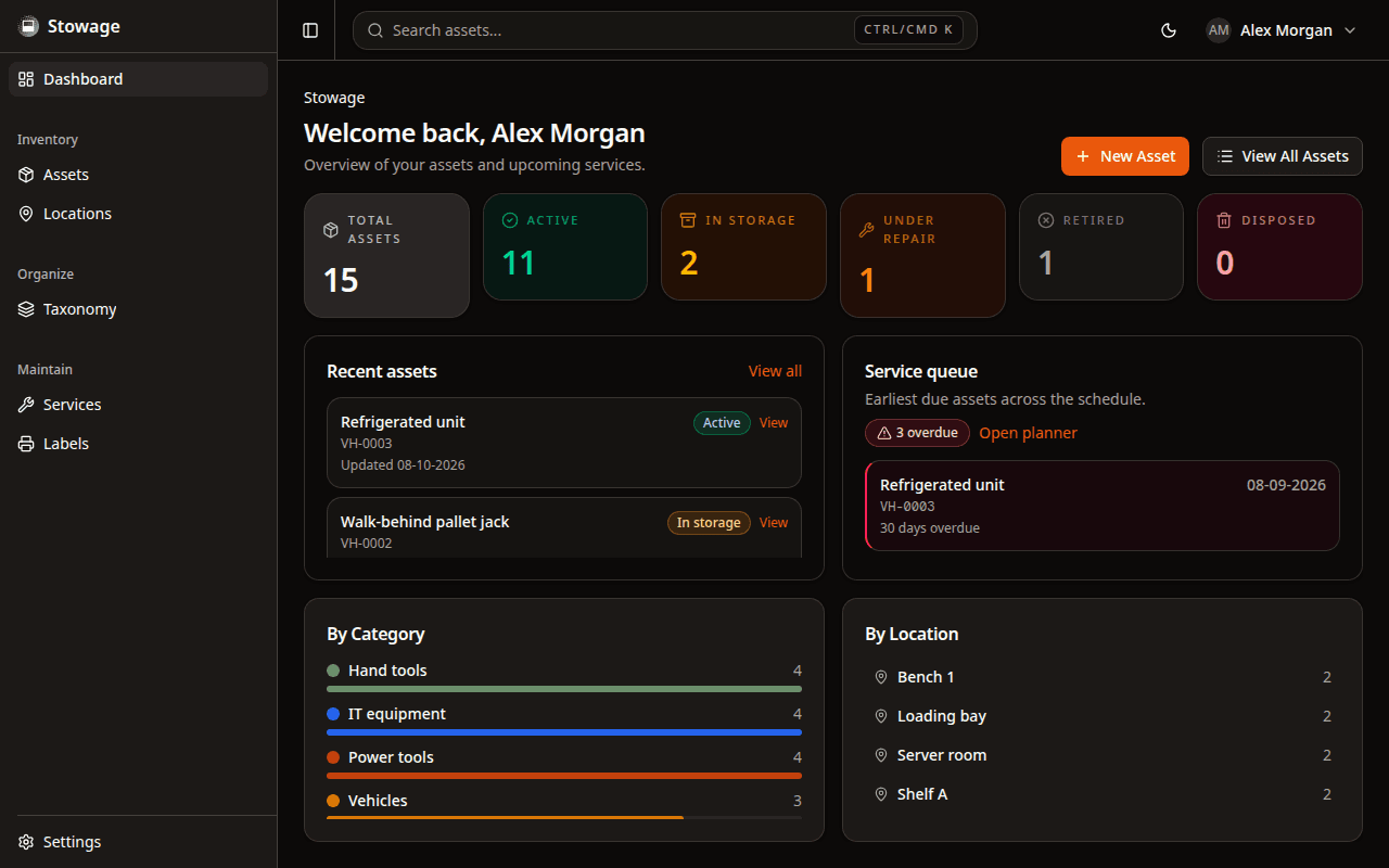The stowage dashboard with asset counts by status, recent assets and a service queue
