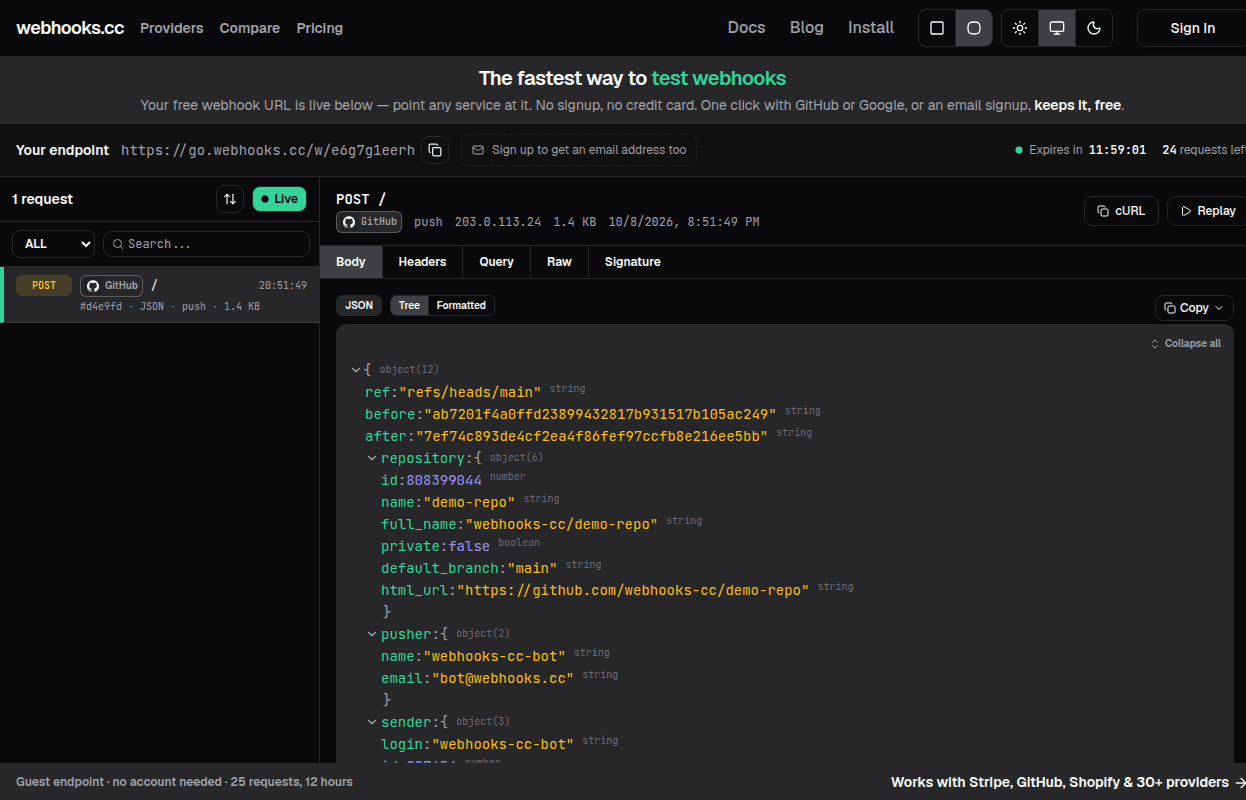 webhooks.cc showing a captured GitHub push webhook with its JSON body
